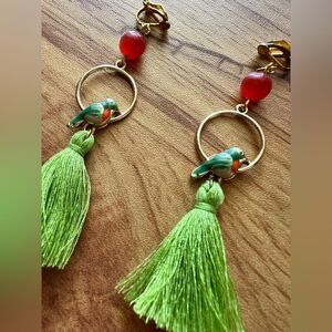 Green and Gold Parrot Tassel Clip On Earrings